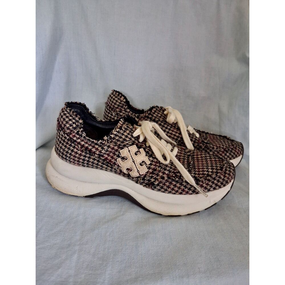 Tory Burch Kick Trainer Houndstooth Sneakers SZ 7.5 Lace Up Brown Black Wine